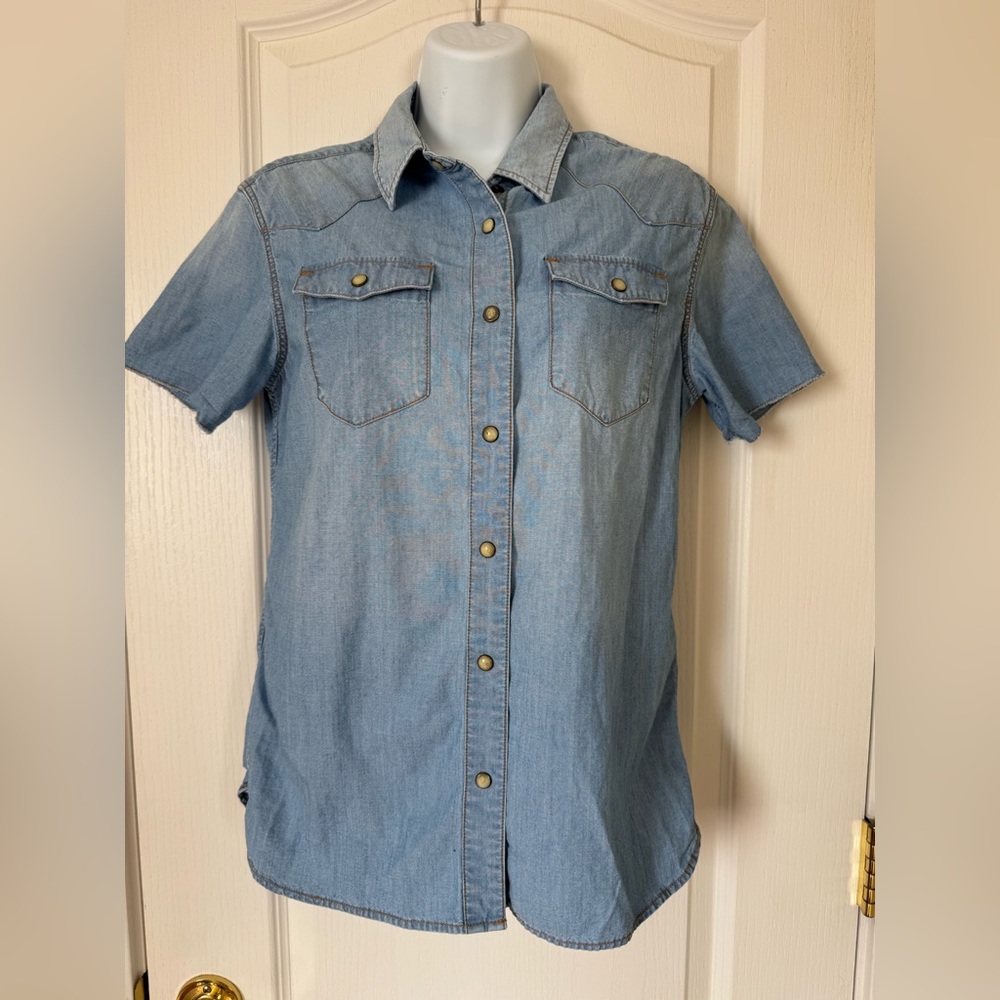 AllSaints Denim Pearl Snap Short Sleeve Shirt Size US 2 Chambray Western Style